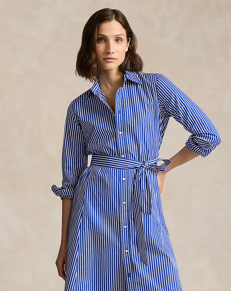 Belted Striped Cotton Shirtdress 1073b Bright Navy/ White