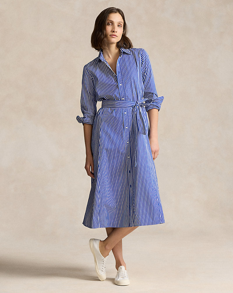 Belted Striped Cotton Shirtdress 1073b Bright Navy/ White
