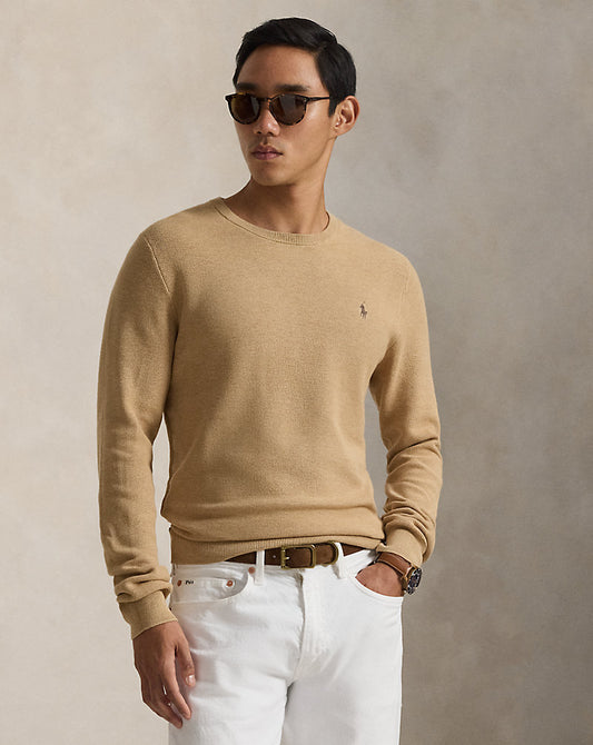 Mesh-Knit Cotton Crewneck Jumper Camel Melange