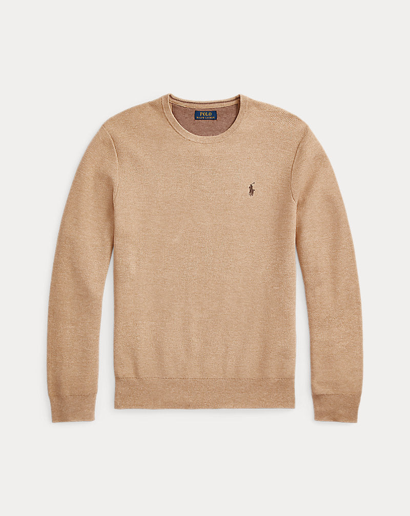 Mesh-Knit Cotton Crewneck Jumper Camel Melange