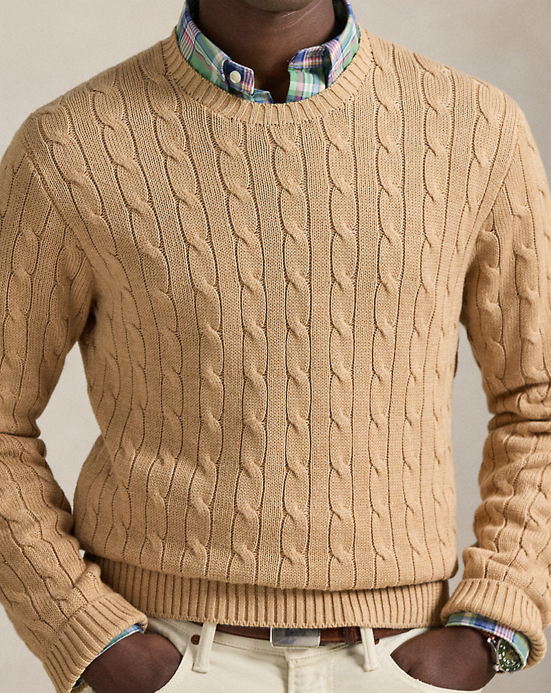 Cable-Knit Cotton Crewneck Jumper Camel Melange